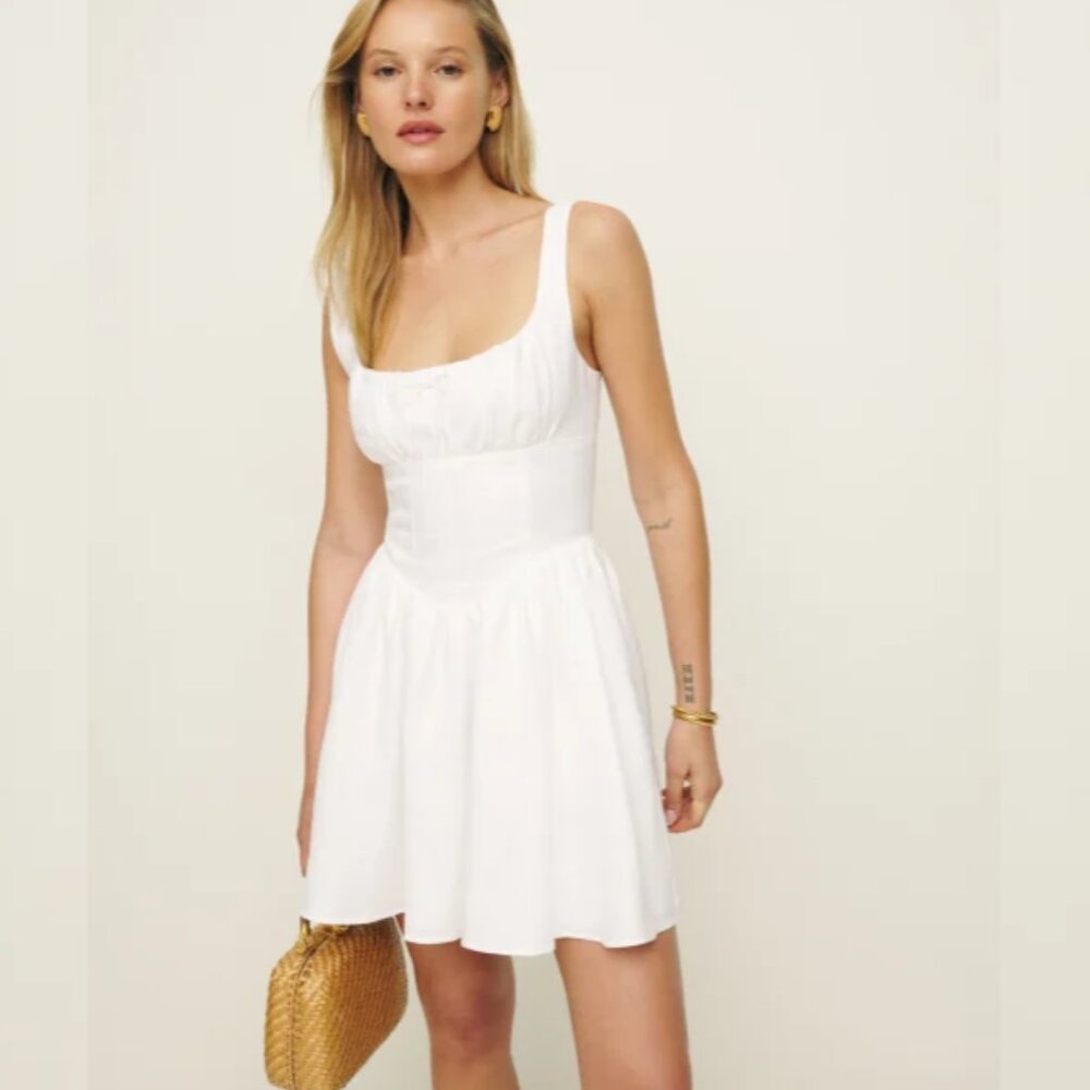 NWOT Reformation Daria Linen Dress in White Mini Sleeveless Front Bow Size 4